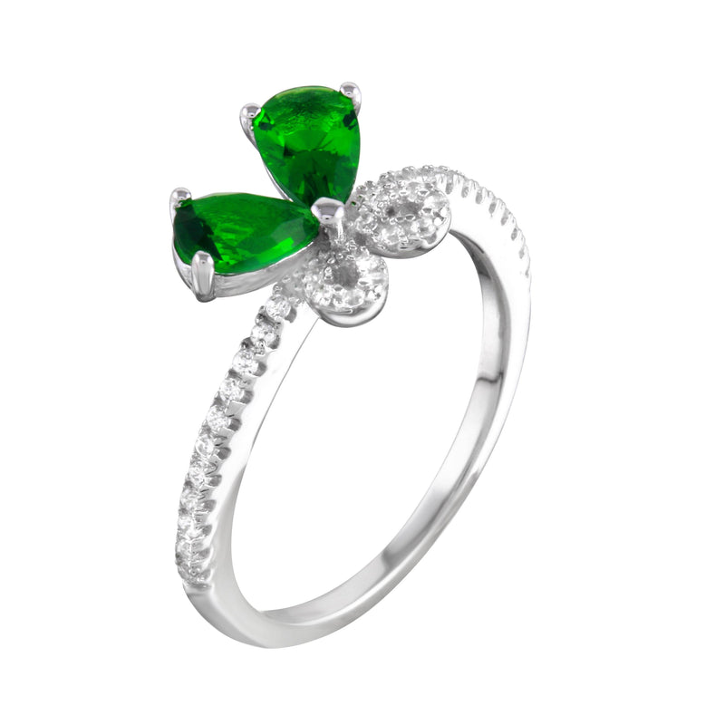 Rhodium Plated 925 Sterling Silver Green Butterfly CZ Ring - BGR01164GRN