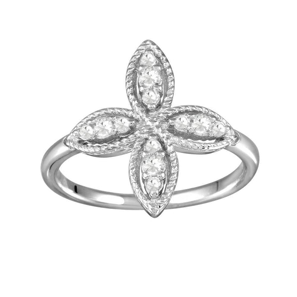 Silver 925 Rhodium Plated Four Petal Ring with CZ - BGR01176 | Silver Palace Inc.