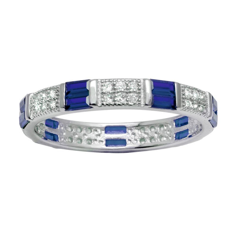 Silver 925 Rhodium Plated Pattern Eternity Ring with Blue and Clear CZ - BGR01177BLU | Silver Palace Inc.