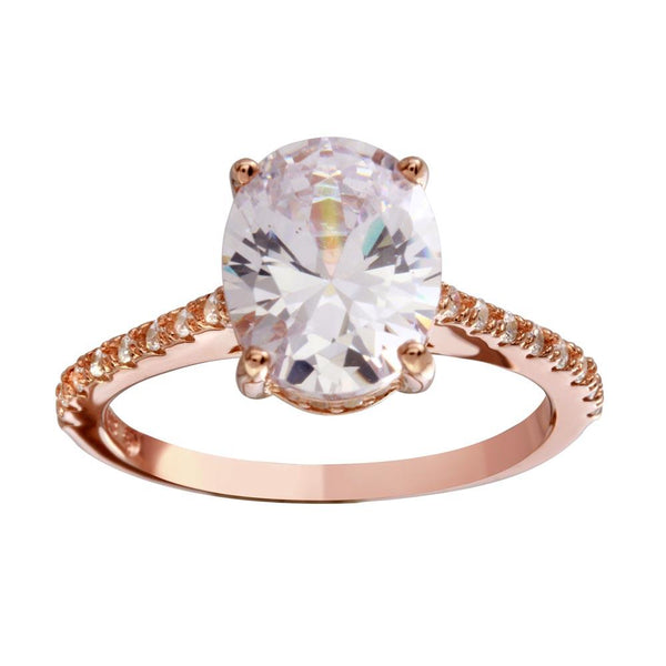 Silver 925 Rose Gold Plated Oval Solitaire CZ Band Ring - BGR01184RGP | Silver Palace Inc.