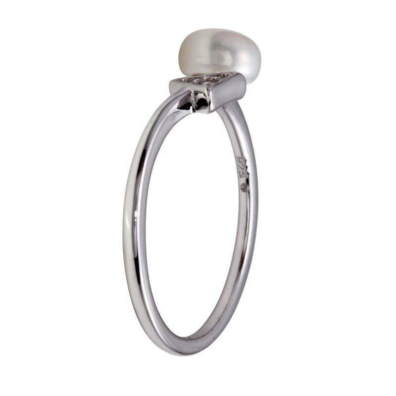 Rhodium Plated 925 Sterling Silver CZ and Synthetic Pearl Ring - BGR01188