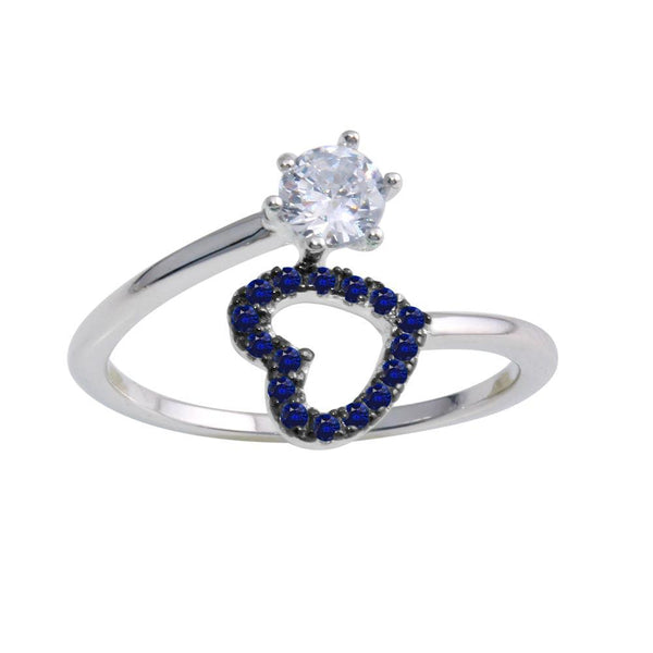 Silver 925 Rhodium Plated Open Heart Ring with Blue and Clear CZ - BGR01221BLU | Silver Palace Inc.