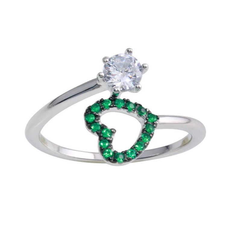 Silver 925 Rhodium Plated Open Heart Ring with Green and Clear CZ - BGR01221GRN | Silver Palace Inc.