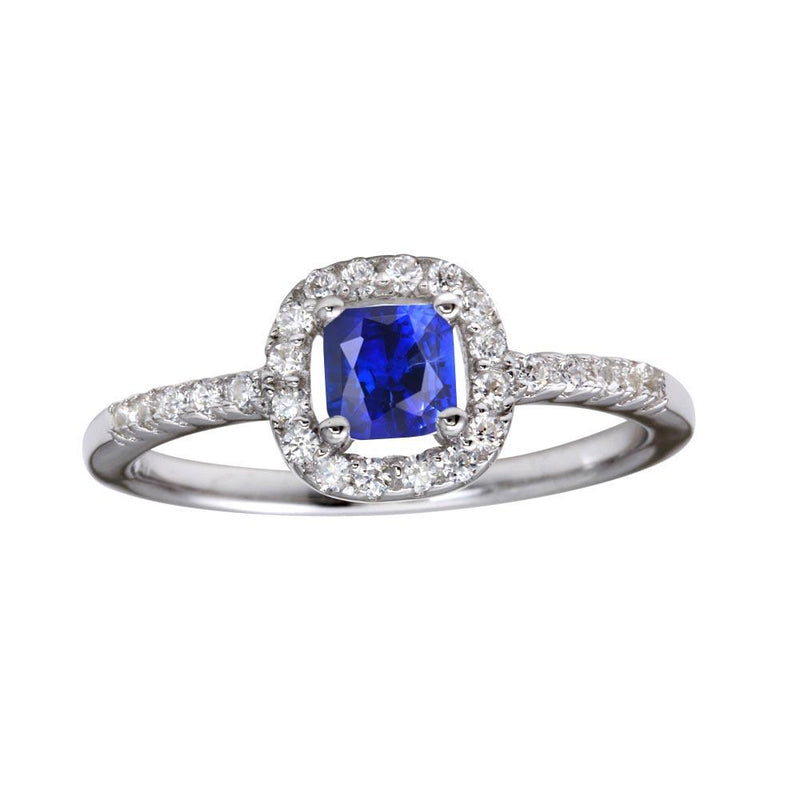 Silver 925 Rhodium Plated Square Clear and Blue CZ Center Stone Ring - BGR01222BLU | Silver Palace Inc.