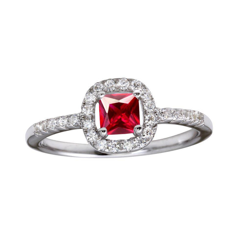 Silver 925 Rhodium Plated Square Clear and Red CZ Center Stone Ring - BGR01222RED | Silver Palace Inc.