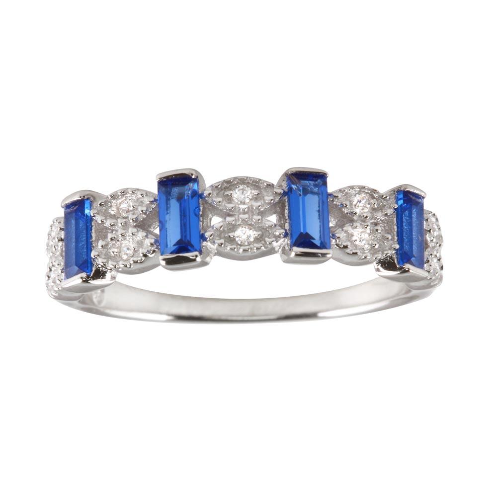 Silver 925 Rhodium Plated Blue Bar CZ Link Ring - BGR01223BLU | Silver Palace Inc.