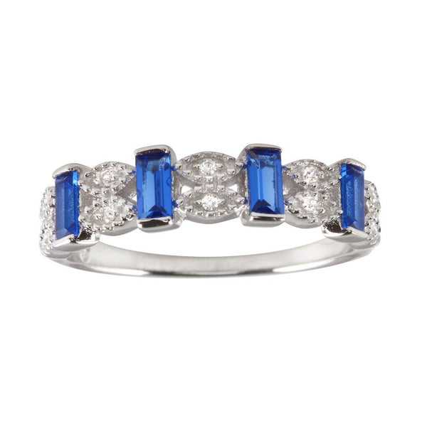 Silver 925 Rhodium Plated Blue Bar CZ Link Ring  - BGR01223BLU | Silver Palace Inc.