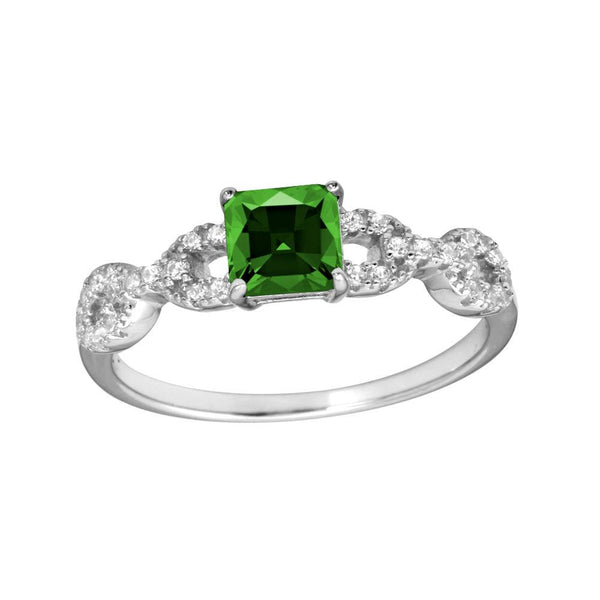 Silver 925 Rhodium Plated Square Green CZ Center Stone Chain Design Shank Ring - BGR01225GRN | Silver Palace Inc.