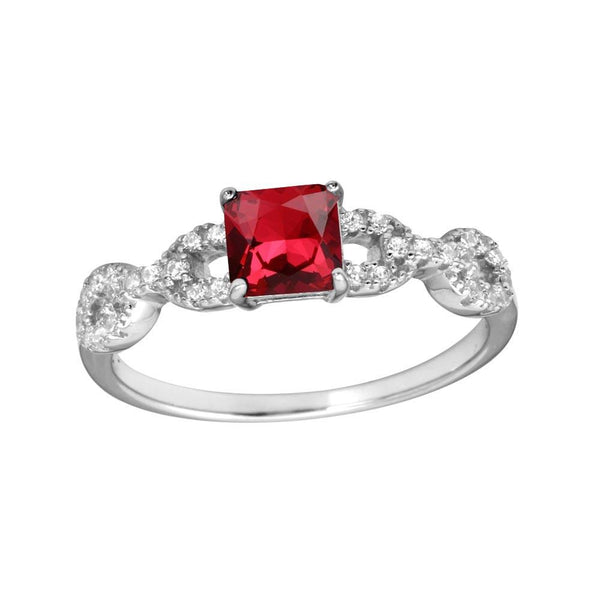 Silver 925 Rhodium Plated Square Red CZ Center Stone Chain Design Shank Ring - BGR01225RED | Silver Palace Inc.
