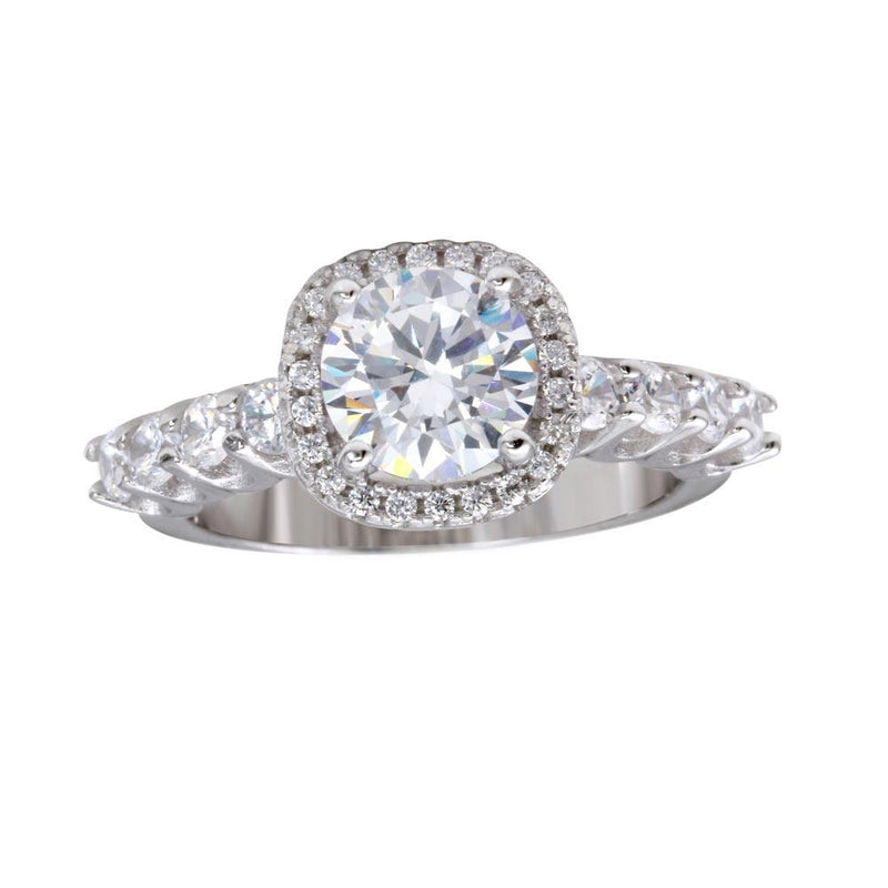 Silver 925 Rhodium Plated Round CZ Square Shape Halo Ring with CZ Shank - BGR01229 | Silver Palace Inc.