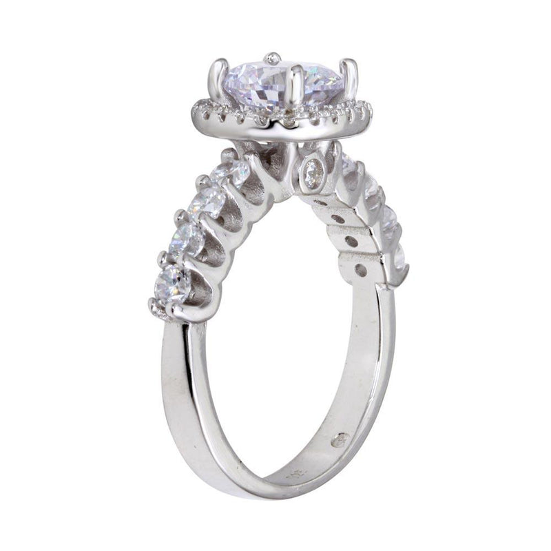 Rhodium Plated 925 Sterling Silver Round CZ Square Shape Halo Ring with CZ Shank - BGR01229