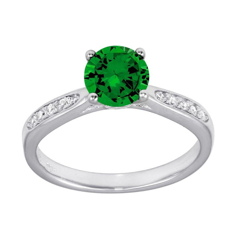 Silver 925 Rhodium Plated Round Green CZ Center Stone Ring - BGR01231GRN | Silver Palace Inc.