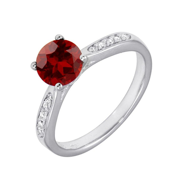 Silver 925 Rhodium Plated Round Red CZ Center Stone Ring - BGR01231RED | Silver Palace Inc.