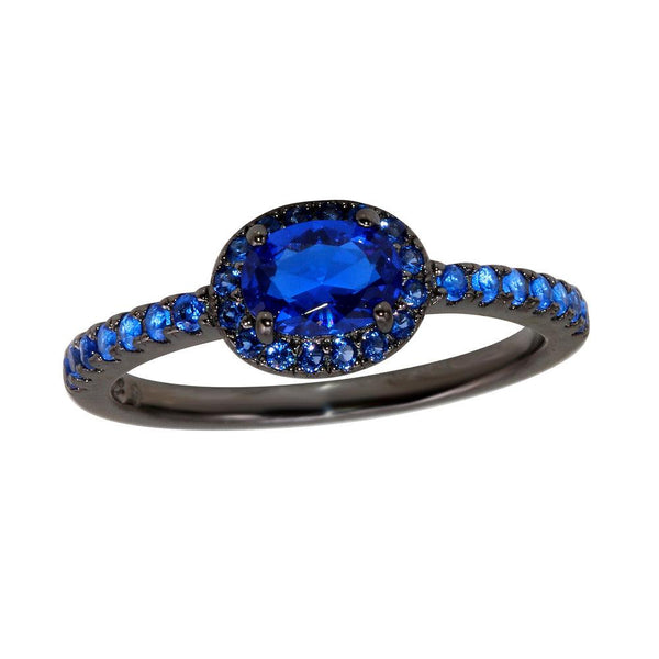 Silver 925 Black Rhodium Plated Blue Oval CZ Stone Ring - BGR01235 | Silver Palace Inc.