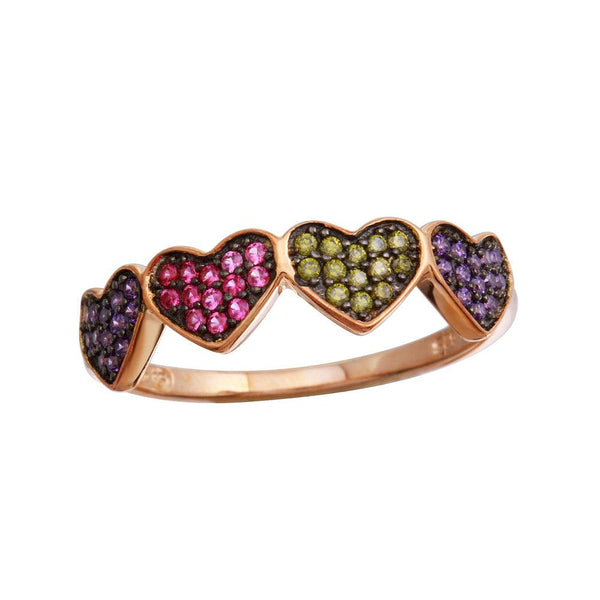 Silver 925 Rose Gold Plated 4 Heart Ring with Multi-Colored CZ - BGR01236 | Silver Palace Inc.