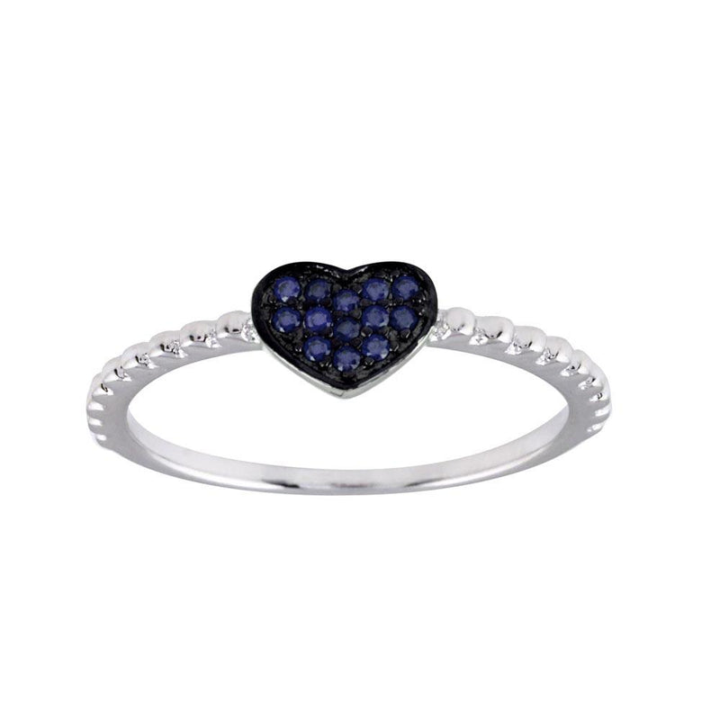 Silver 925 Rhodium Plated Beaded Heart Blue CZ Ring - BGR01245BLU | Silver Palace Inc.