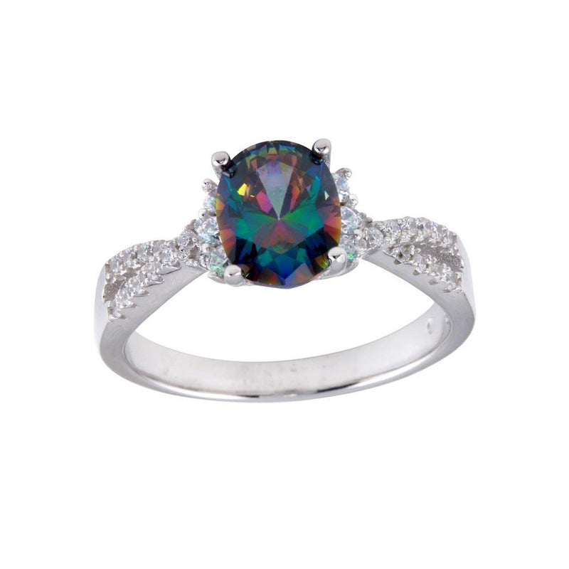 Silver 925 Rhodium Plated Oval Solitaire Synthetic Mystic Topaz CZ Band Ring - BGR01248 | Silver Palace Inc.