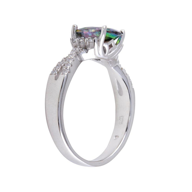Rhodium Plated 925 Sterling Silver Oval Solitaire Synthetic Mystic Topaz CZ Band Ring - BGR01248