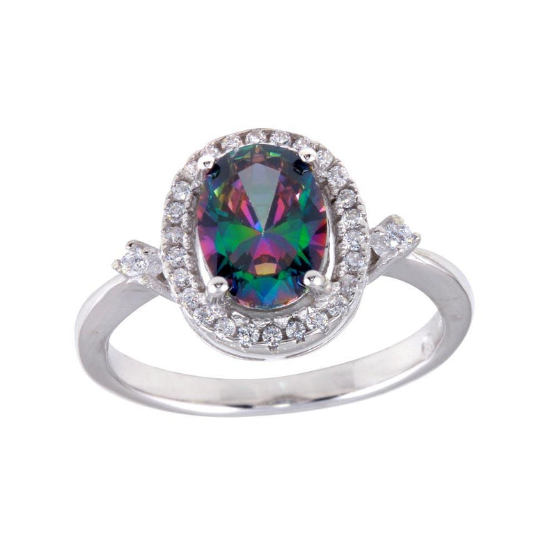 Silver 925 Rhodium Plated Oval Solitaire Synthetic Mystic Topaz CZ Ring - BGR01249 | Silver Palace Inc.