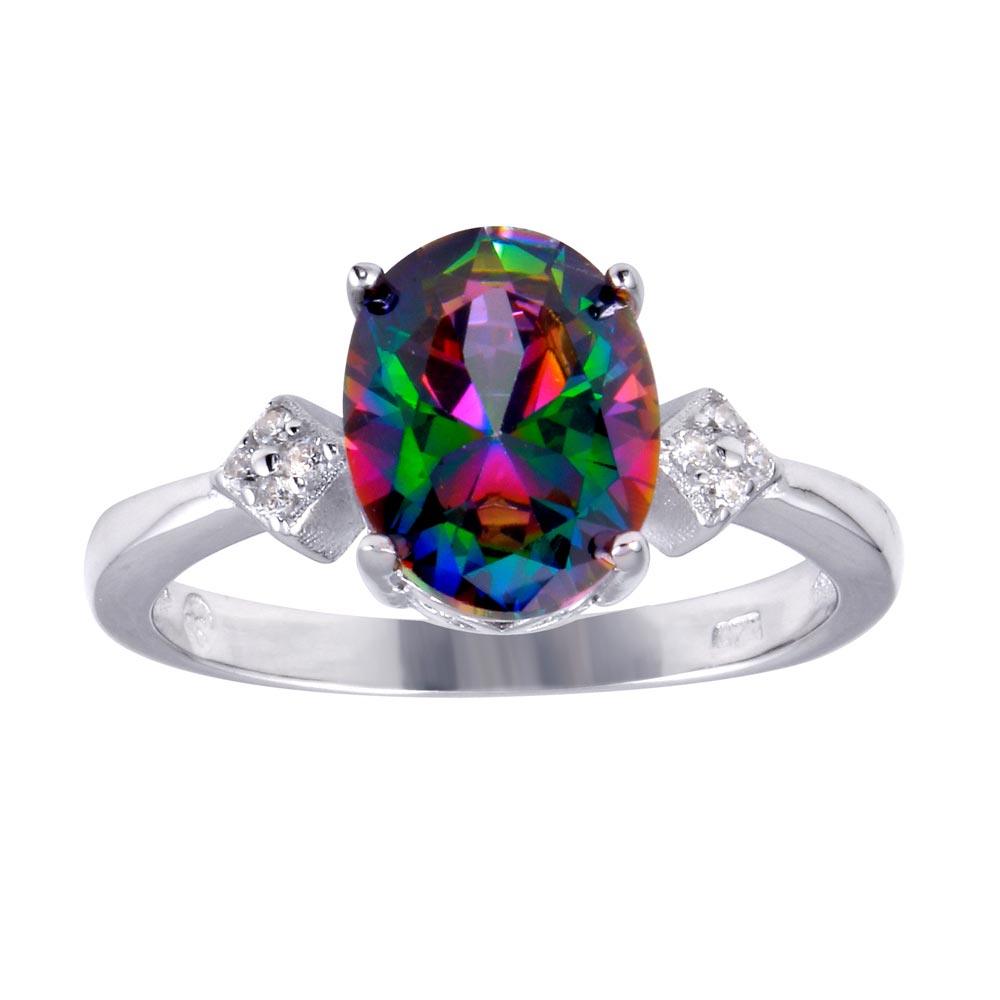 Silver 925 Rhodium Plated Oval Mystic Topaz CZ Ring - BGR01251 | Silver Palace Inc.