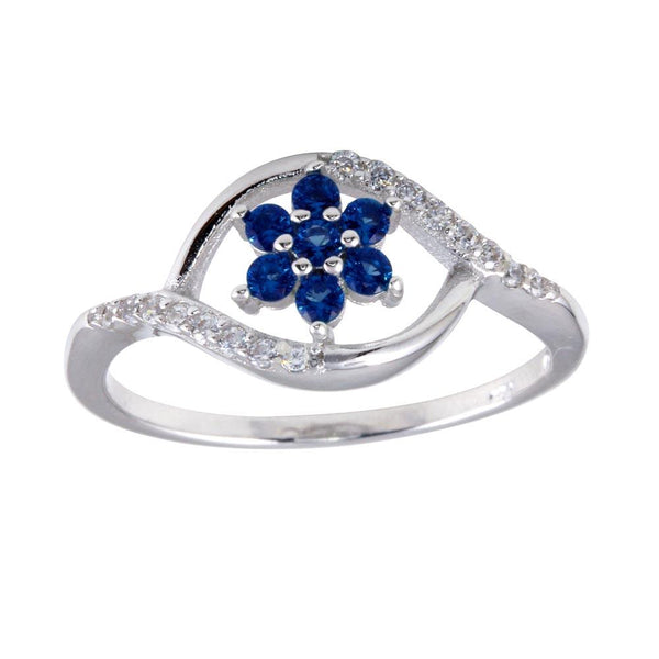 Silver 925 Rhodium Plated Wave Blue Center Flower CZ Ring - BGR01252BLU | Silver Palace Inc.