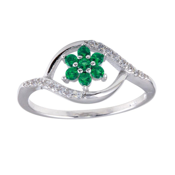 Silver 925 Rhodium Plated Wave Green Center Flower CZ Ring - BGR01252GRN | Silver Palace Inc.