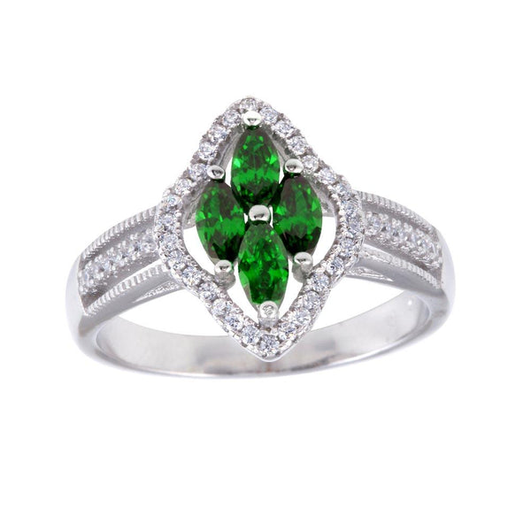 Silver 925 Rhodium Plated 4 Green Marquise Center CZ Ring - BGR01253GRN | Silver Palace Inc.