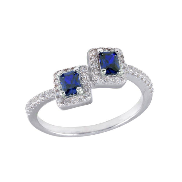 Silver 925 Rhodium Plated Double Square Blue Center CZ Ring - BGR01254BLU | Silver Palace Inc.