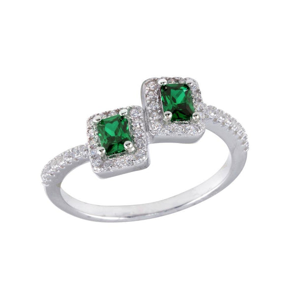Silver 925 Rhodium Plated Double Square Green Center CZ Ring - BGR01254GRN | Silver Palace Inc.