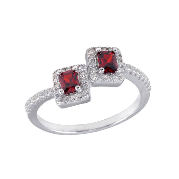 Silver 925 Rhodium Plated Double Square Red Center CZ Ring - BGR01254RED | Silver Palace Inc.
