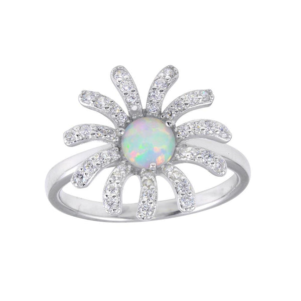 Silver 925 Rhodium Plated Flower Synthetic Opal Center CZ Ring - BGR01259 | Silver Palace Inc.