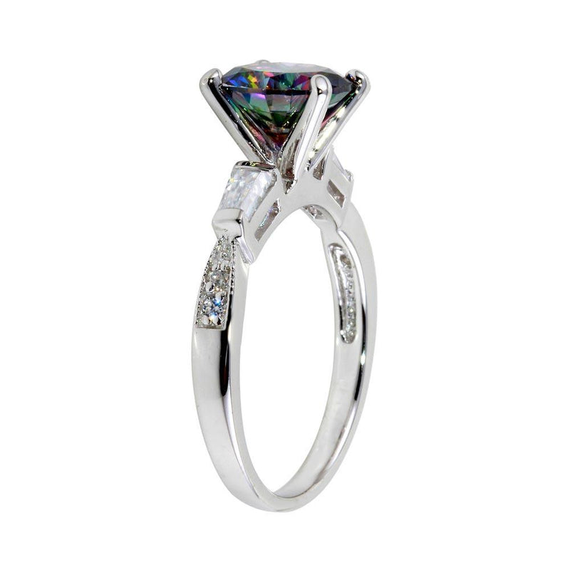 Rhodium Plated 925 Sterling Silver Oval Solitaire Synthetic Mystic Topaz Baguette Shank CZ Ring - BGR01261