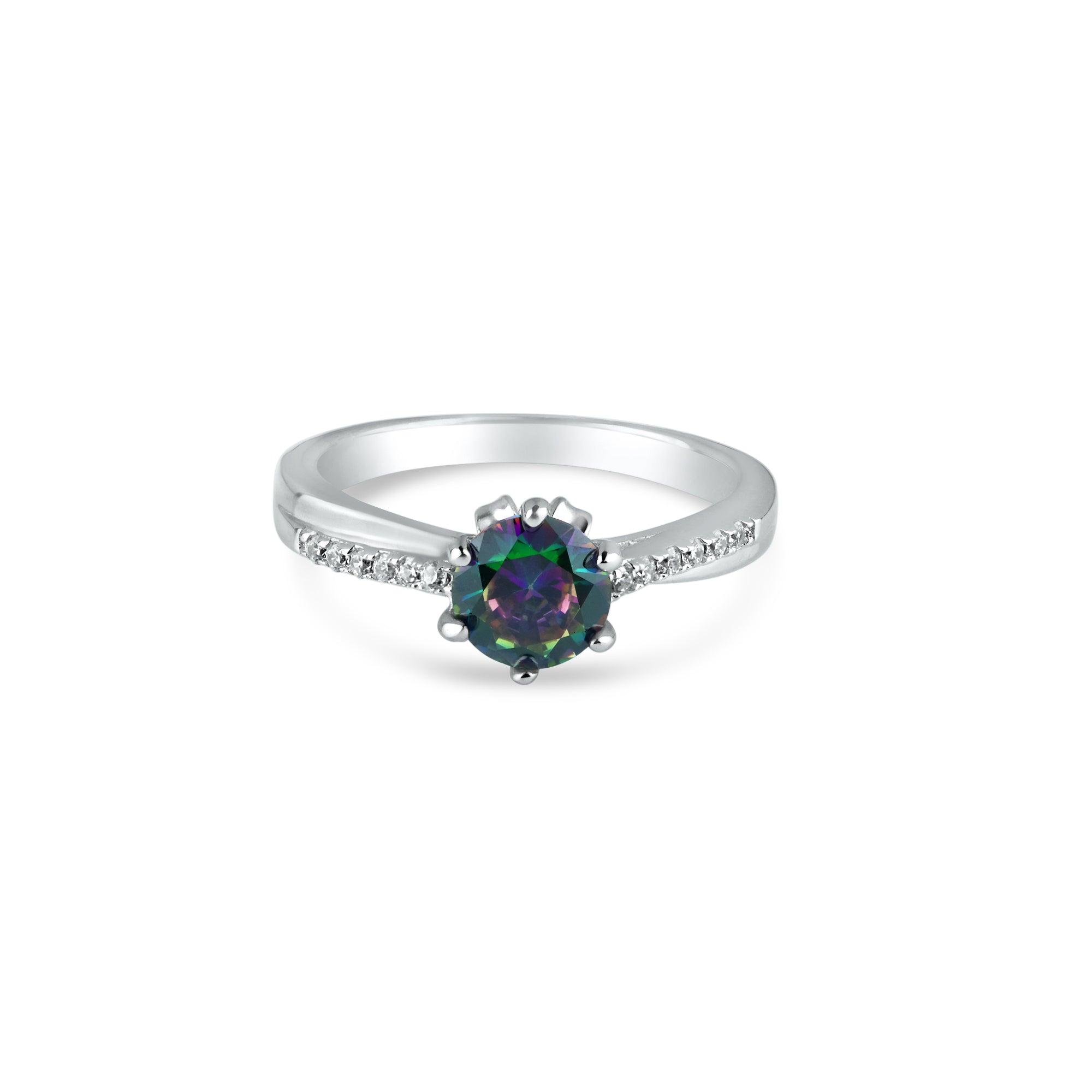 Silver 925 Rhodium Plated Round Mystic Topaz CZ Ring - BGR01264 | Silver Palace Inc.