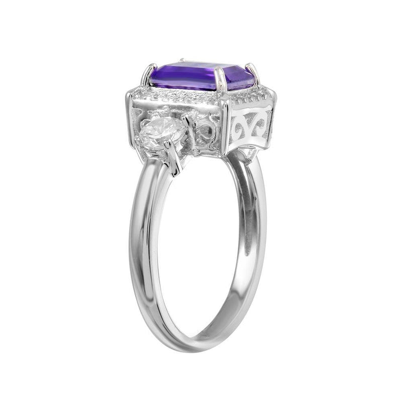 Rhodium Plated 925 Sterling Silver Purple Center Halo CZ Ring - BGR01270