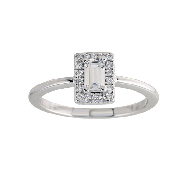 Silver 925 Rhodium Plated Baguette Stone Halo CZ Ring - BGR01275 | Silver Palace Inc.
