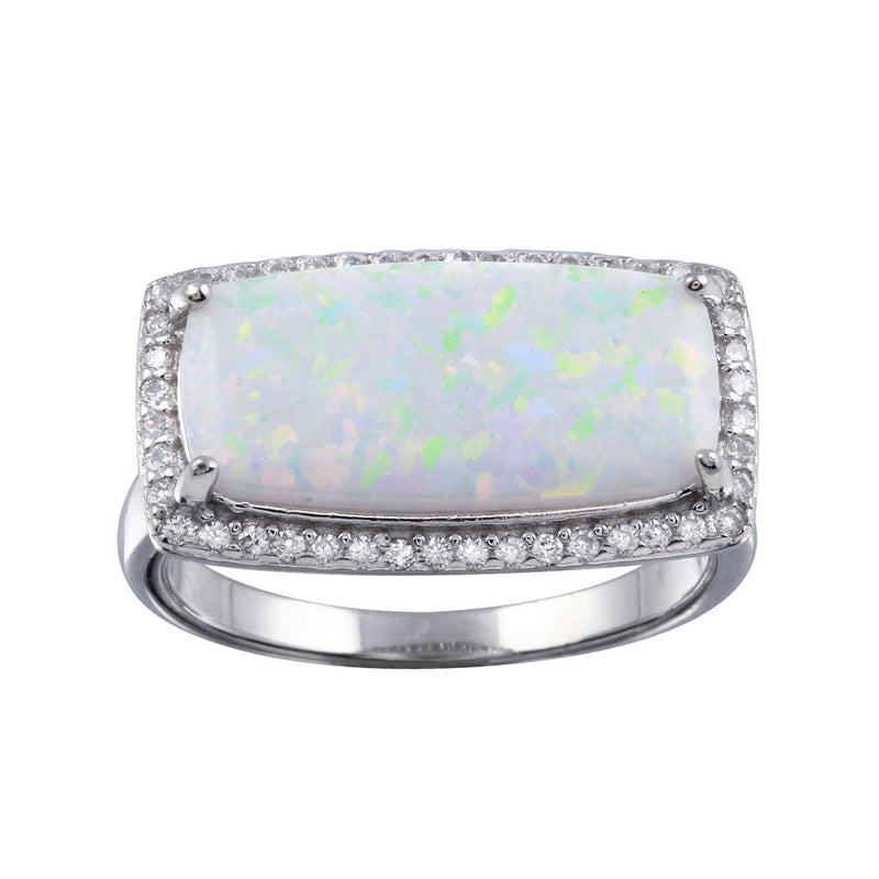 Rhodium Plated 925 Sterling Silver Rectangular Opal Stone Ring with CZ - BGR01286 | Silver Palace Inc.