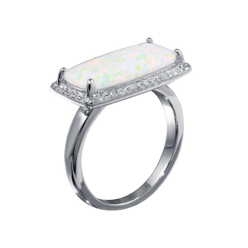 Rhodium Plated 925 Sterling Silver Rectangular Opal Stone Ring with CZ - BGR01286