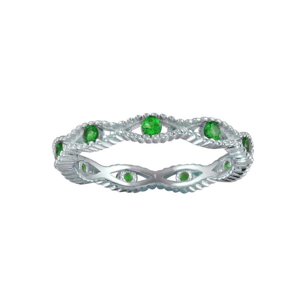 Rhodium Plated 925 Sterling Silver Intersecting Waves Green CZ Ring- BGR01294GRN | Silver Palace Inc.