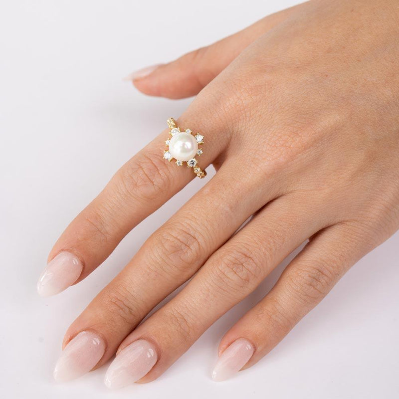 Gold Plated 925 Sterling Silver White Pearl Flower Ring with CZ - BGR01300