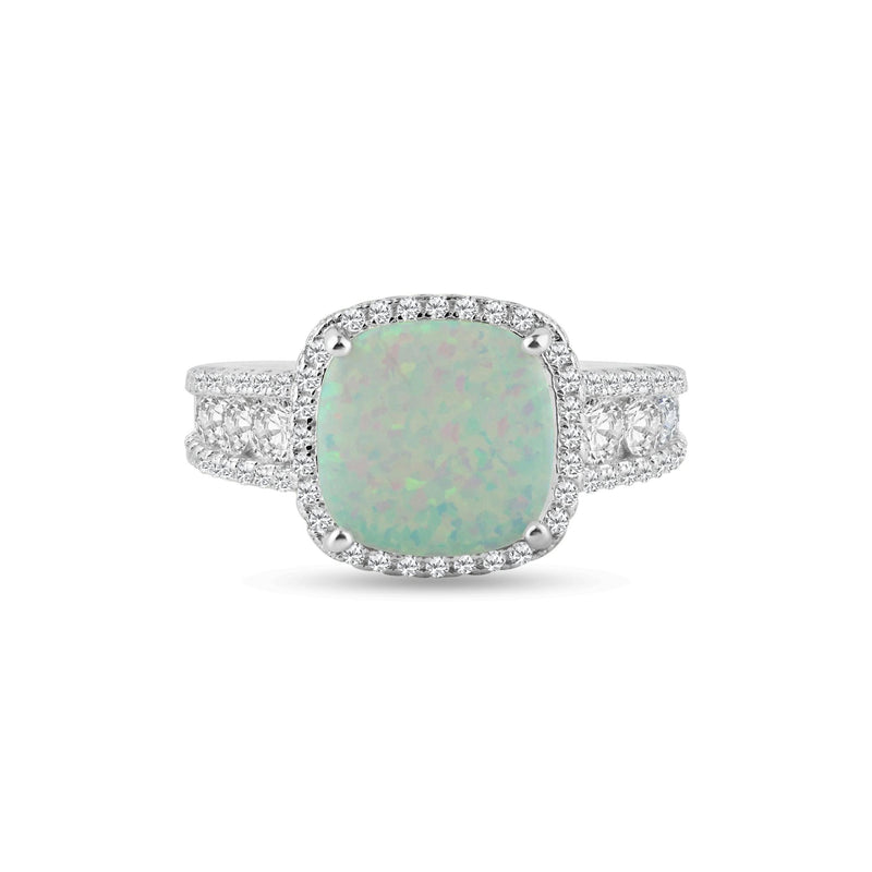 Rhodium Plated 925 Sterling Silver Opal Stone With CZ Ring - BGR01314