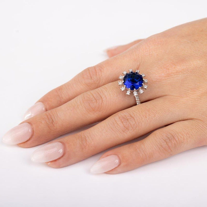 Rhodium Plated 925 Sterling Silver Blue Center Flower CZ Ring with Rope Band - BGR01302BLU