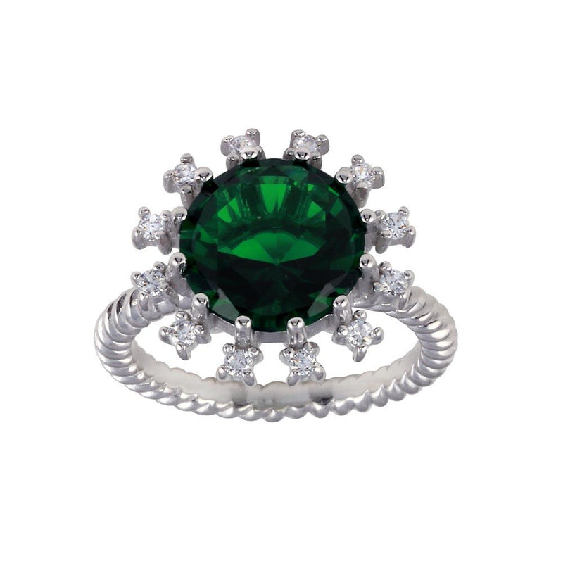 Rhodium Plated 925 Sterling Silver Green Center Flower CZ Ring with Rope Band - BGR01302GRN | Silver Palace Inc.