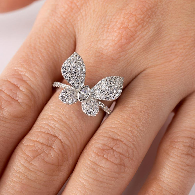 Rhodium Plated 925 Sterling Silver Butterfly CZ Ring - BGR01306