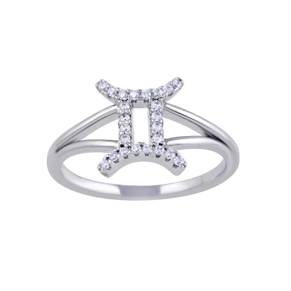 Rhodium Plated 925 Sterling Silver Gemini CZ Zodiac Sign Ring
