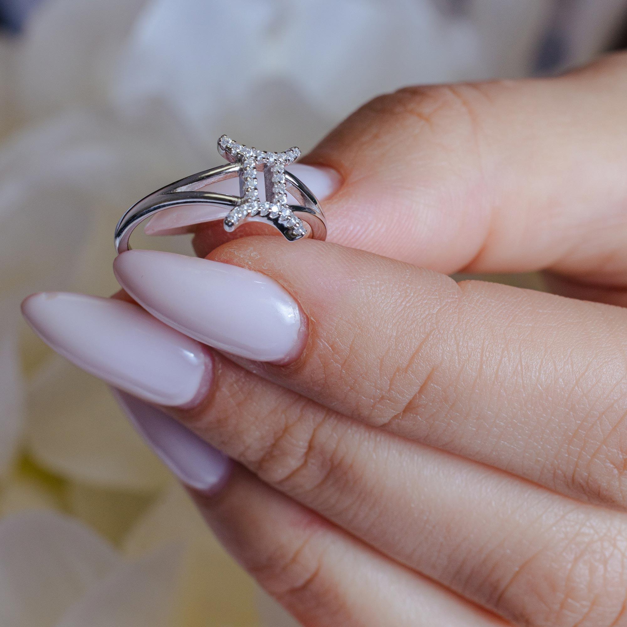 Rhodium Plated 925 Sterling Silver Gemini CZ Zodiac Sign Ring - BGR01323