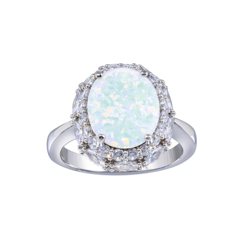 Rhodium Plated 925 Sterling Silver Opal and Clear CZ Ring - BGR01332 | Silver Palace Inc.