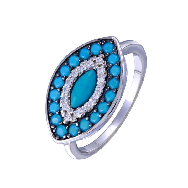 Rhodium Plated 925 Sterling Silver Turquoise Clear CZ Evil Eye Ring - BGR01338RHD | Silver Palace Inc.