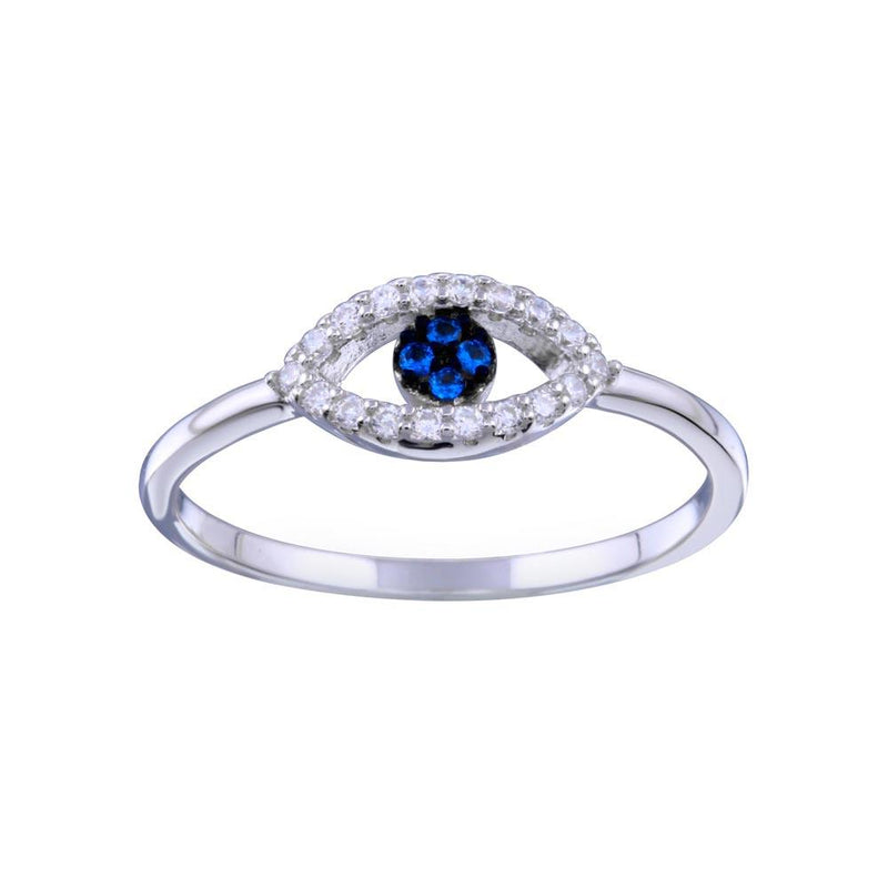 Rhodium Plated 925 Sterling Silver Blue and Clear CZ Evil Eye Ring - BGR01339 | Silver Palace Inc.