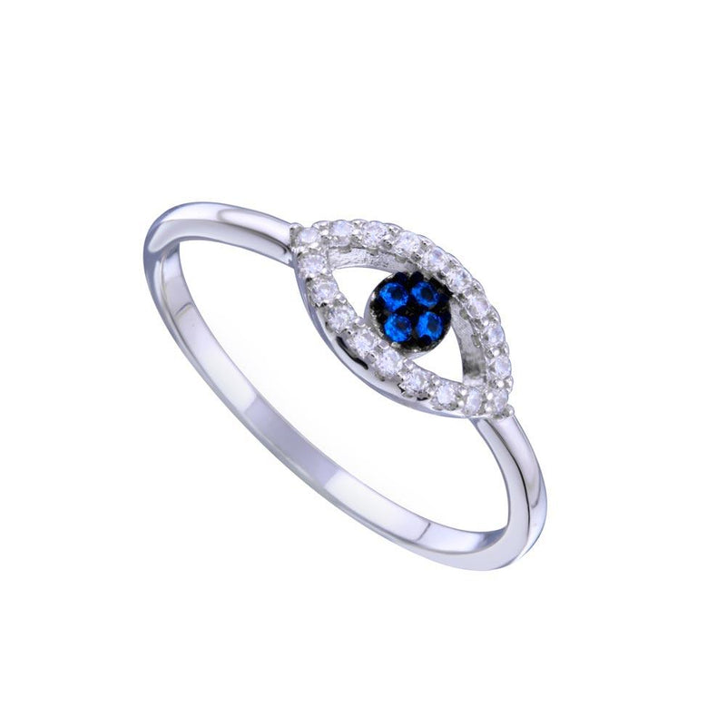 Rhodium Plated 925 Sterling Silver Blue and Clear CZ Evil Eye Ring - BGR01339