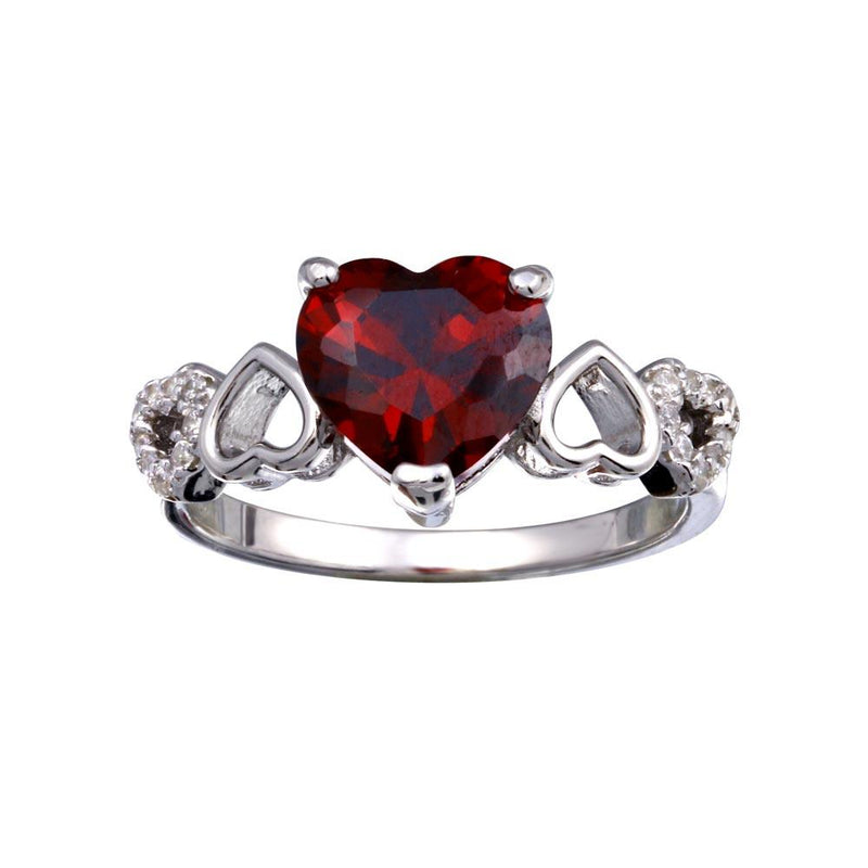 Rhodium Plated 925 Sterling Silver Heart Red and Clear CZ W- Heart Shank Ring - BGR01342 | Silver Palace Inc.